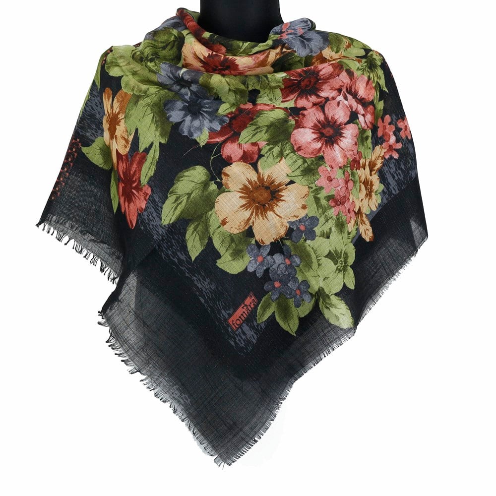 Vertu Bahar Çiçekleri Desenli Simli Flamlı Eşarp - 02 Siyah, Yeşil