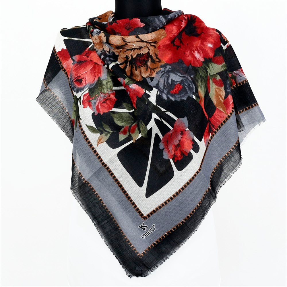 Vertu Çiçek Desenli Simli Flamlı Eşarp - 08 Gri, Kırmızı