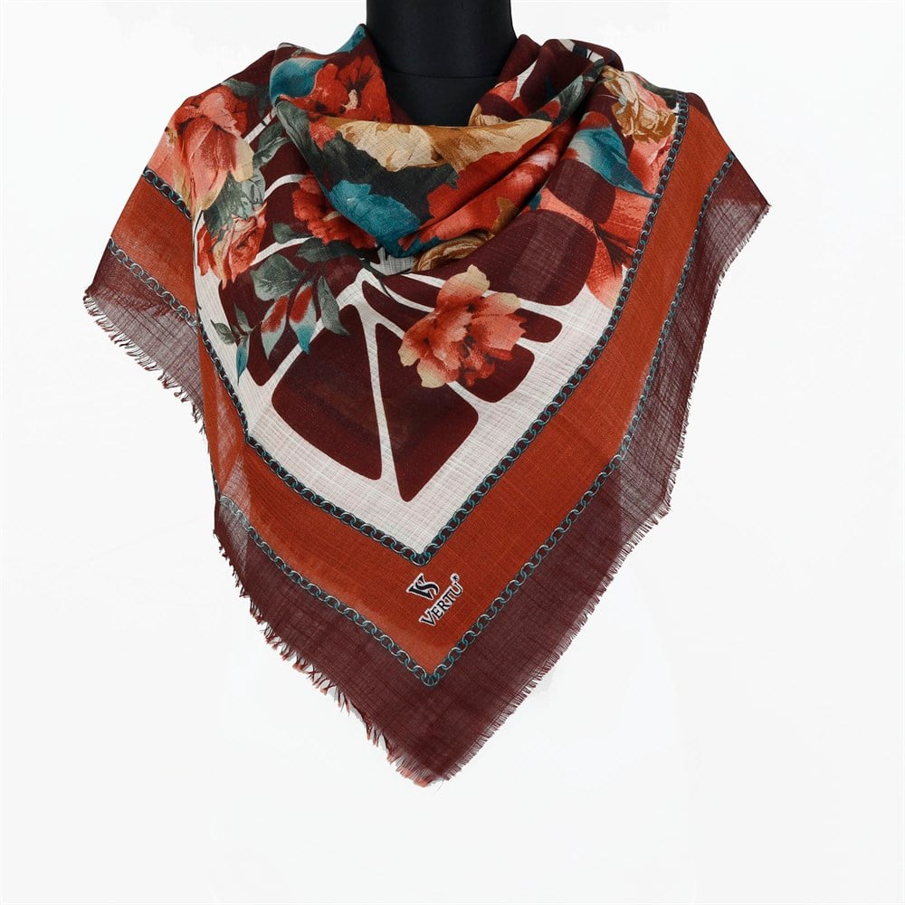 Vertu Çiçek Desenli Simli Flamlı Eşarp - 12 Kiremit