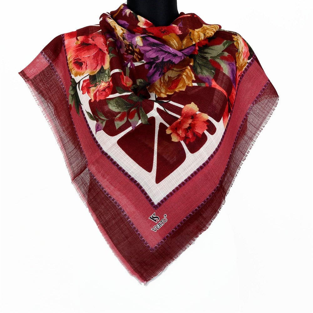 Vertu Çiçek Desenli Simli Flamlı Eşarp - 15 Koyu Pembe