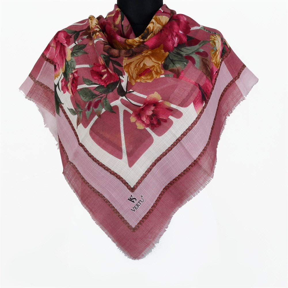 Vertu Çiçek Desenli Simli Flamlı Eşarp - 04 Pembe