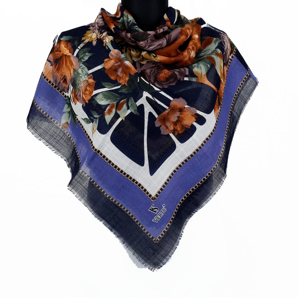 Vertu Çiçek Desenli Simli Flamlı Eşarp - 14 Lacivert