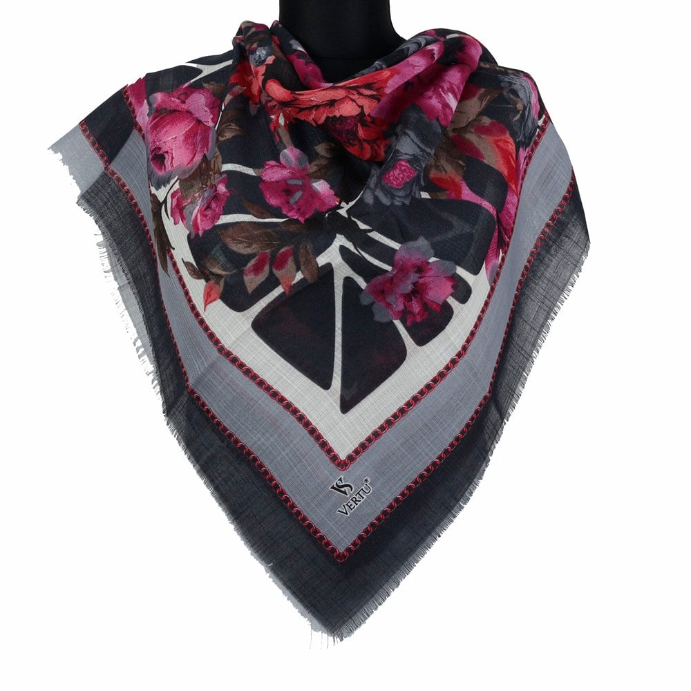 Vertu Çiçek Desenli Simli Flamlı Eşarp - 11 Gri, Pembe