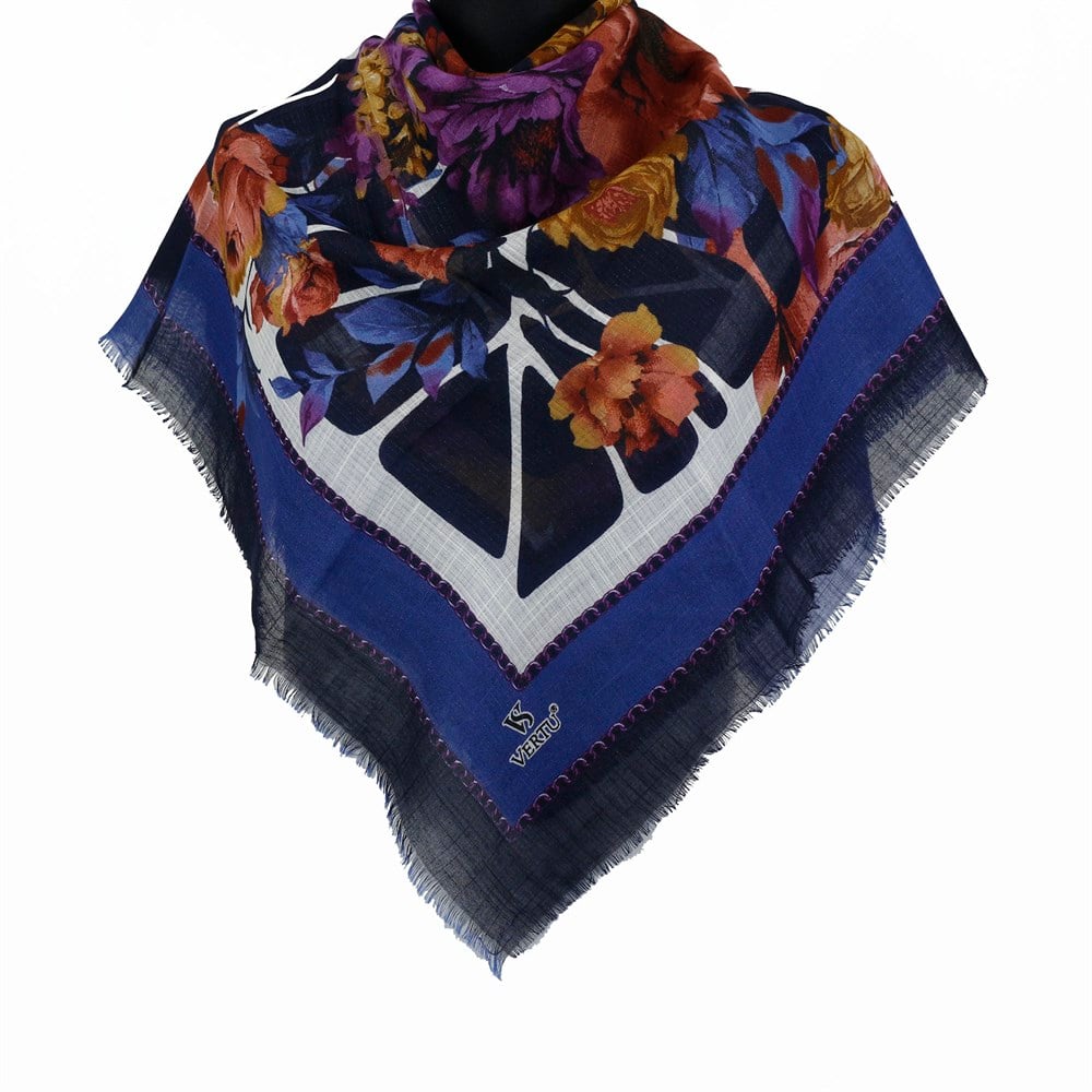 Vertu Çiçek Desenli Simli Flamlı Eşarp - 10 Saks Mavi