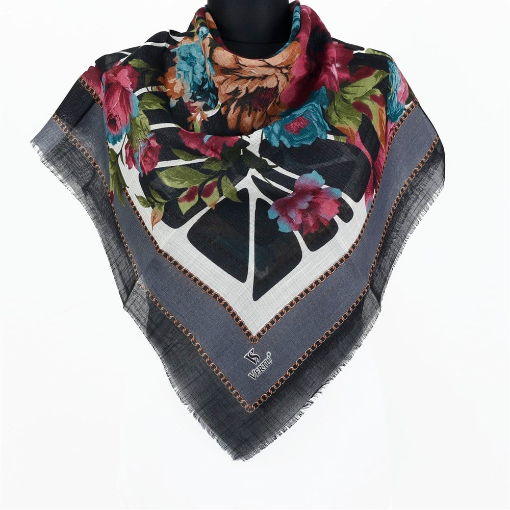Vertu Çiçek Desenli Simli Flamlı Eşarp - 07 Antrasit, Pembe