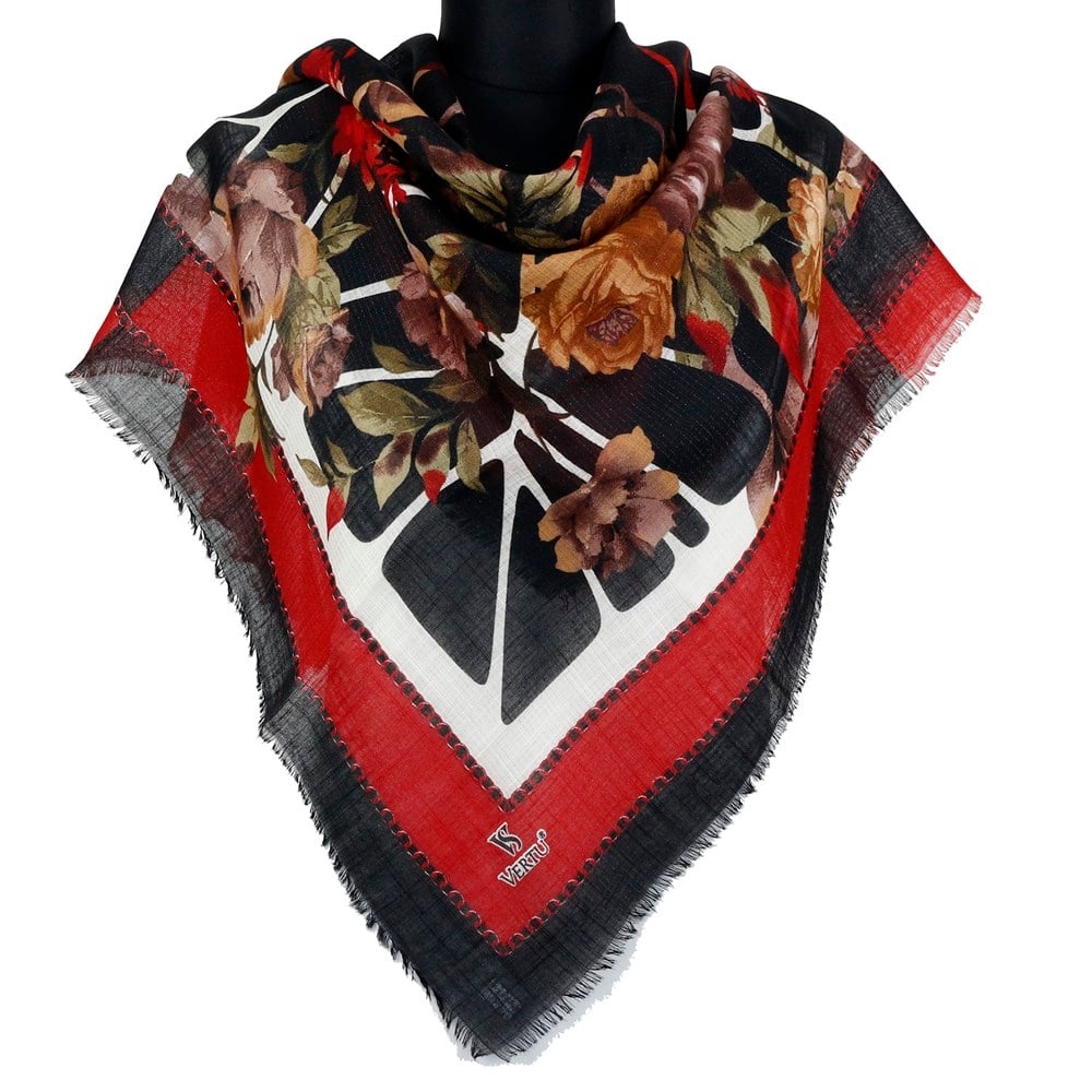 Vertu Çiçek Desenli Simli Flamlı Eşarp - 01 Kırmızı