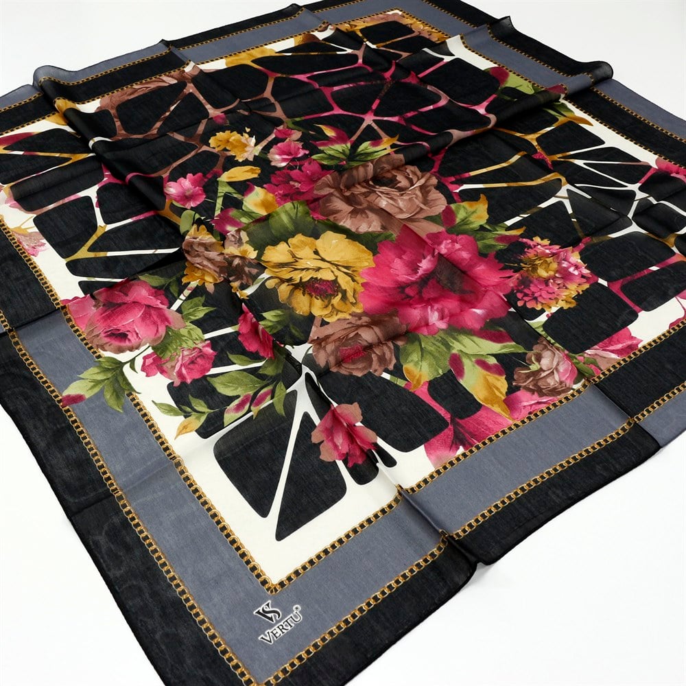 Vertu Çiçek Desenli Yazma 01 Siyah - Antrasit