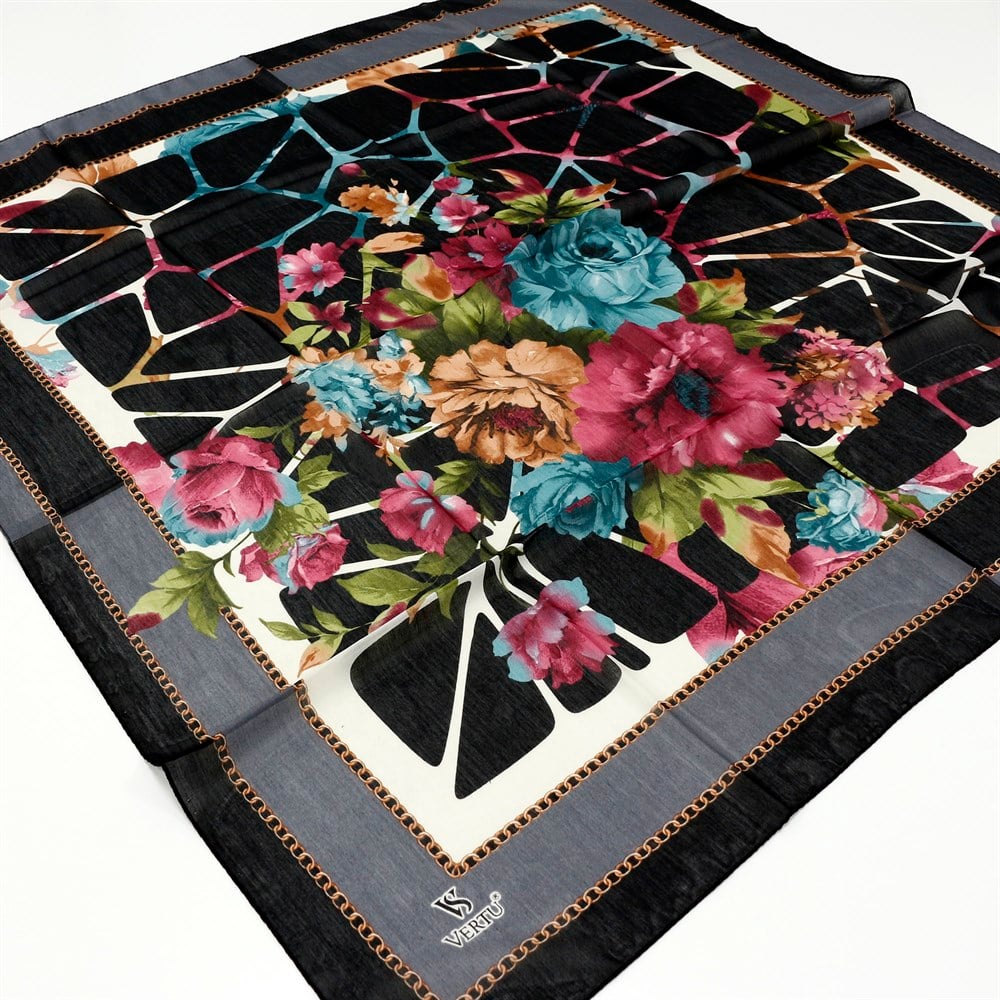 Vertu Çiçek Desenli Yazma 05 Siyah - Mavi