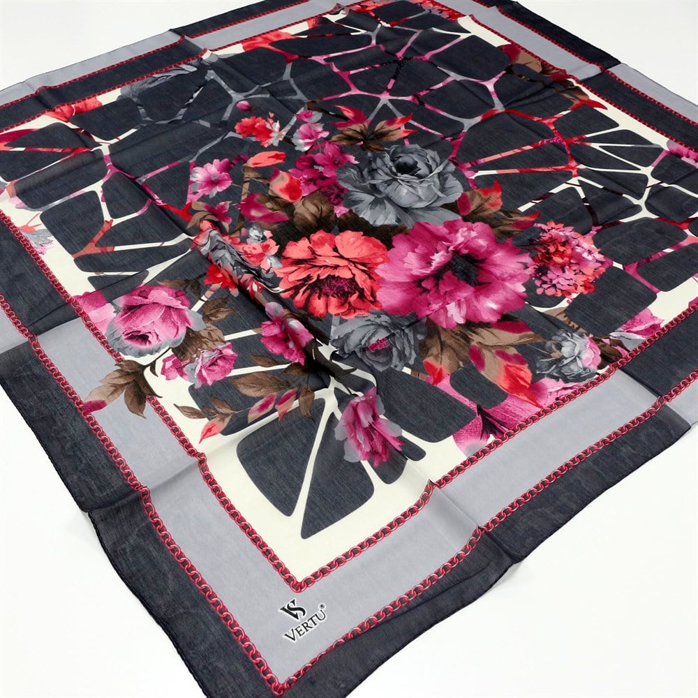 Vertu Çiçek Desenli Yazma 08 Gri