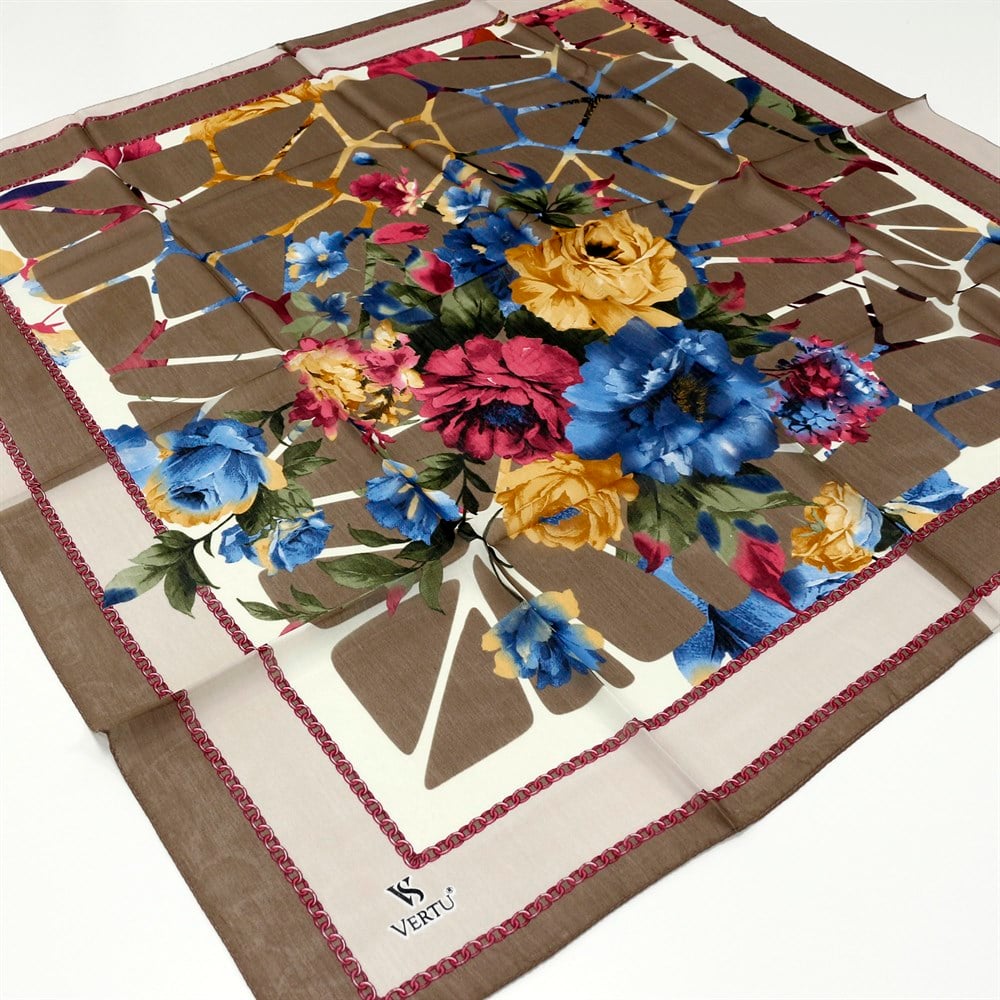Vertu Çiçek Desenli Yazma 09 Kahverengi
