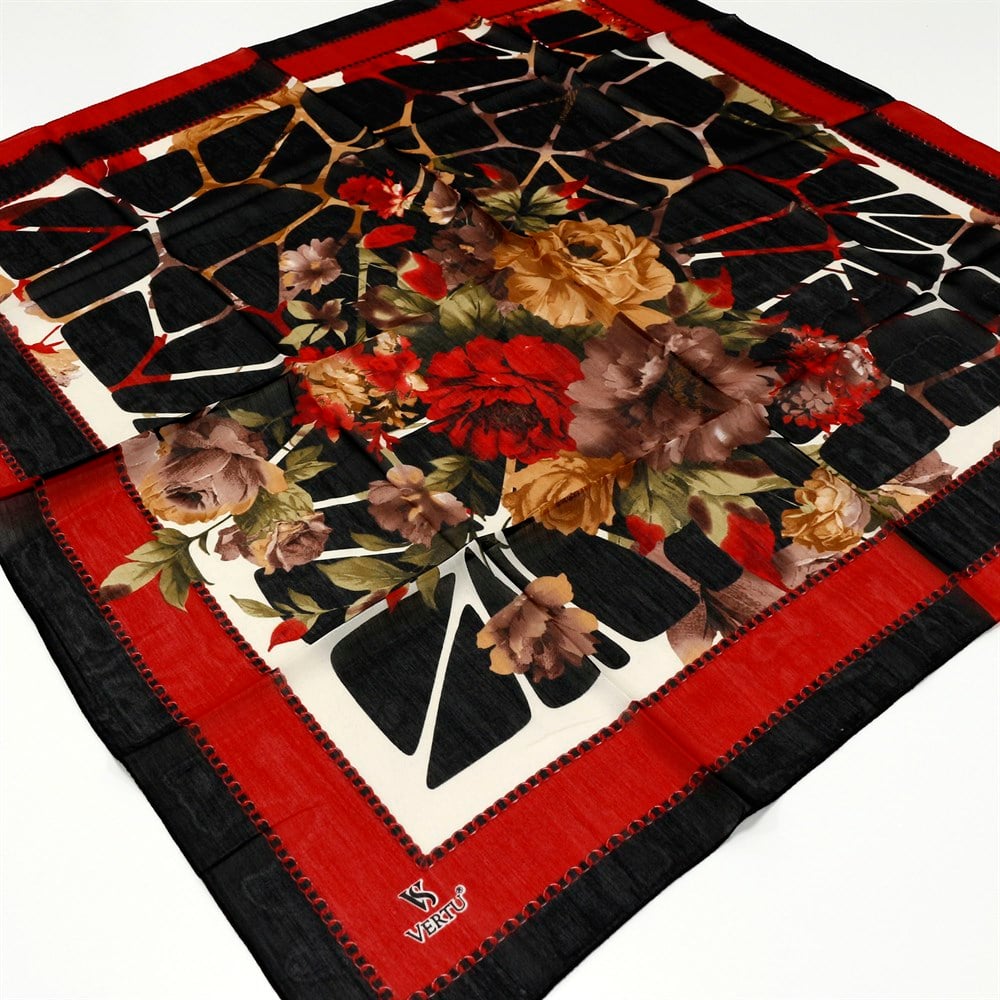 Vertu Çiçek Desenli Yazma 10 Siyah - Kırmızı