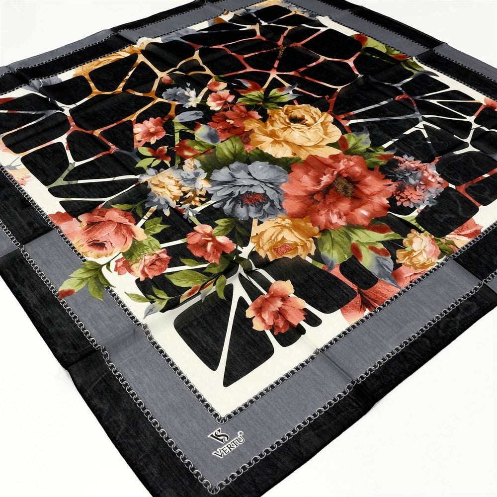 Vertu Çiçek Desenli Yazma 15 Siyah