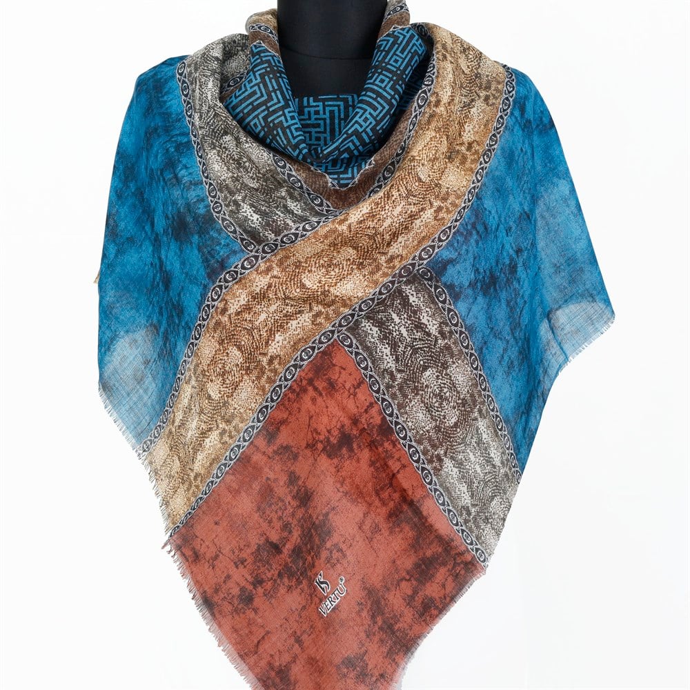 Vertu Geometrik Desen Flamlı Eşarp - 08 Mavi