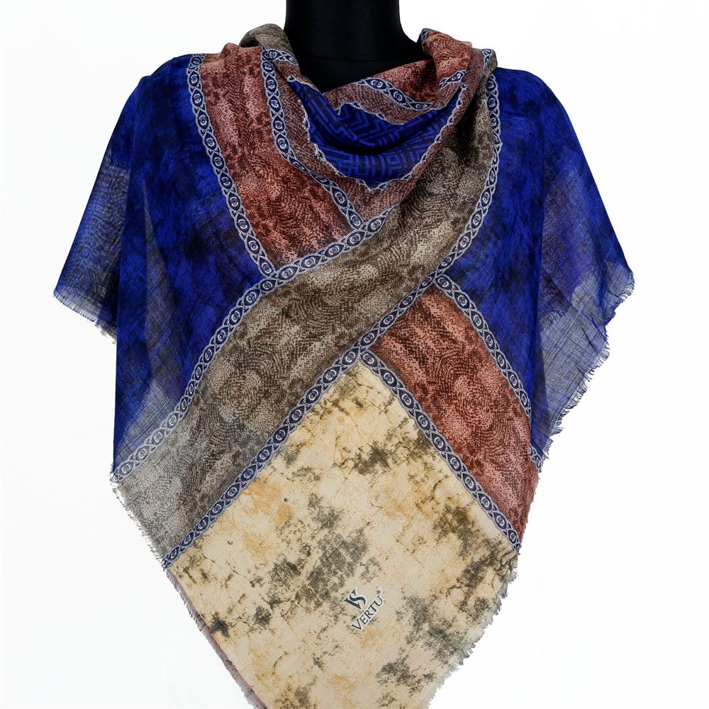 Vertu Geometrik Desen Flamlı Eşarp - 12 Saks Mavi