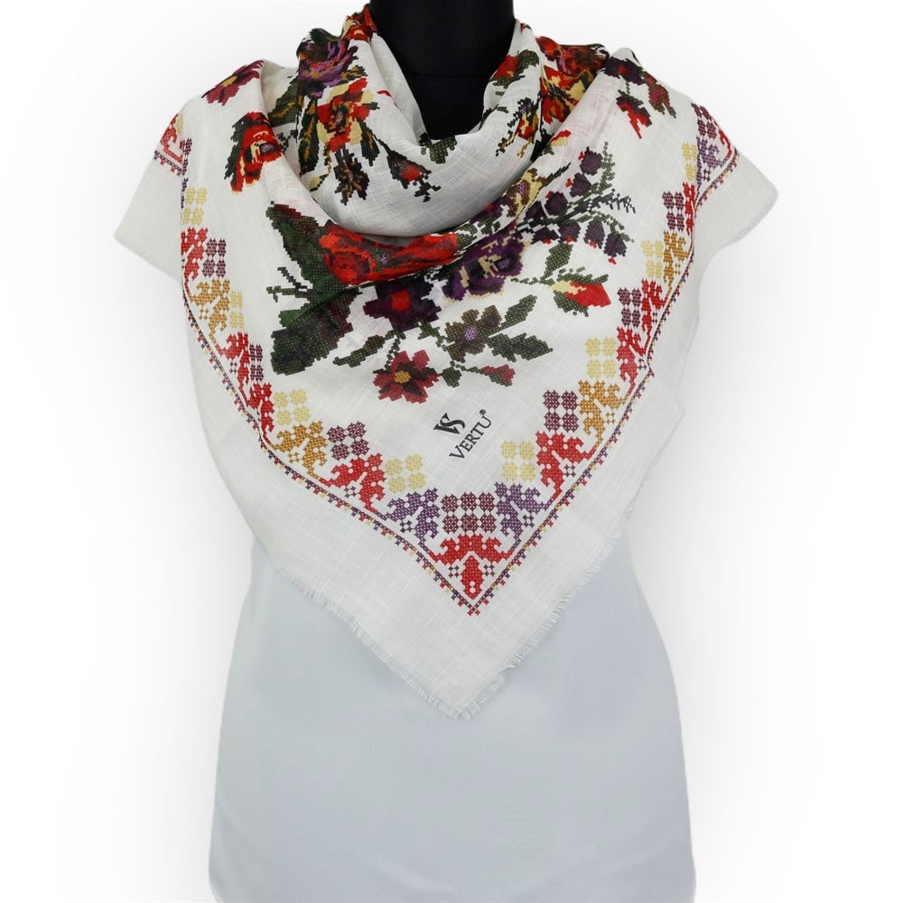 Vertu Kanaviçe Desen Flamlı Eşarp - 01 Kırık Beyaz