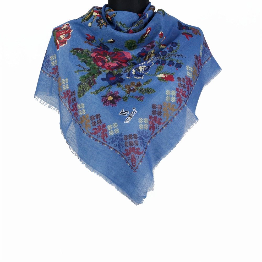 Vertu Kanaviçe Desen Flamlı Eşarp - 03 İndigo