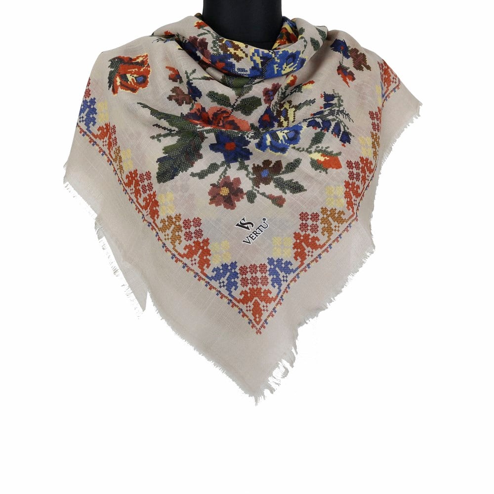Vertu Kanaviçe Desen Flamlı Eşarp - 04 Vizon