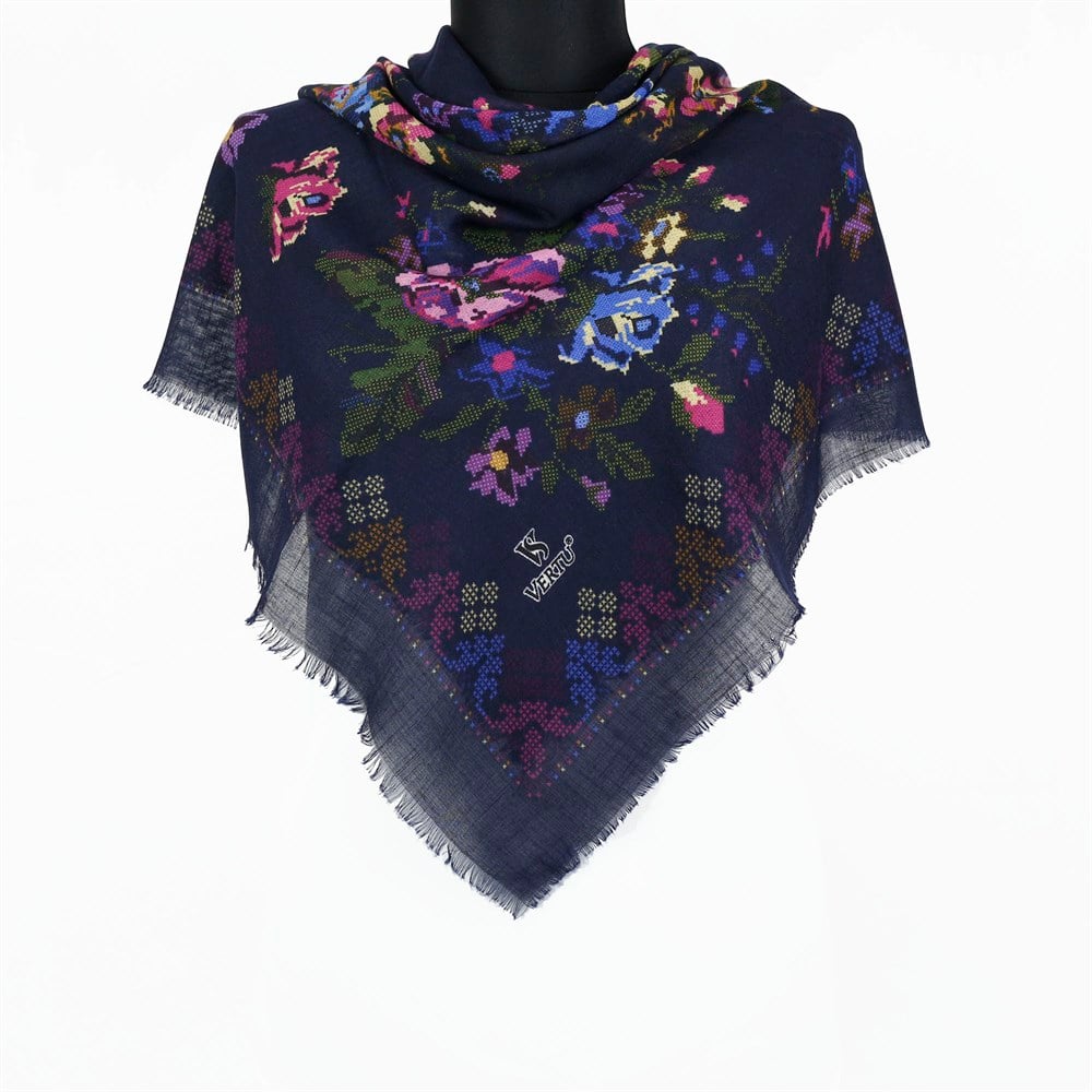Vertu Kanaviçe Desen Flamlı Eşarp - 06 Lacivert, Pembe