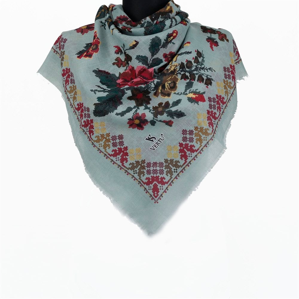 Vertu Kanaviçe Desen Flamlı Eşarp - 09 Çağla Yeşili