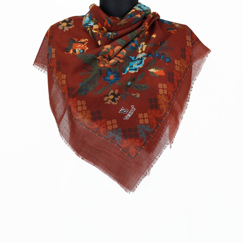 Vertu Kanaviçe Desen Flamlı Eşarp - 10 Kiremit