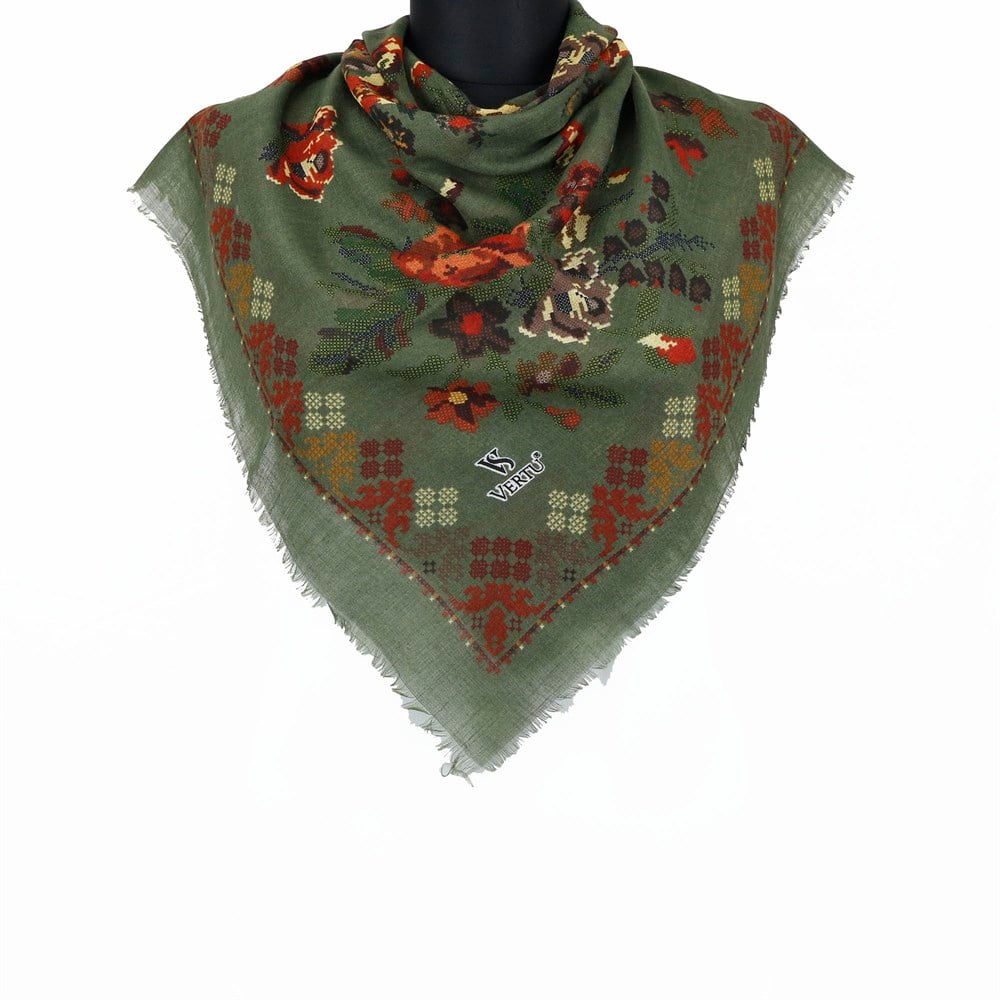 Vertu Kanaviçe Desen Flamlı Eşarp - 12 Yeşil