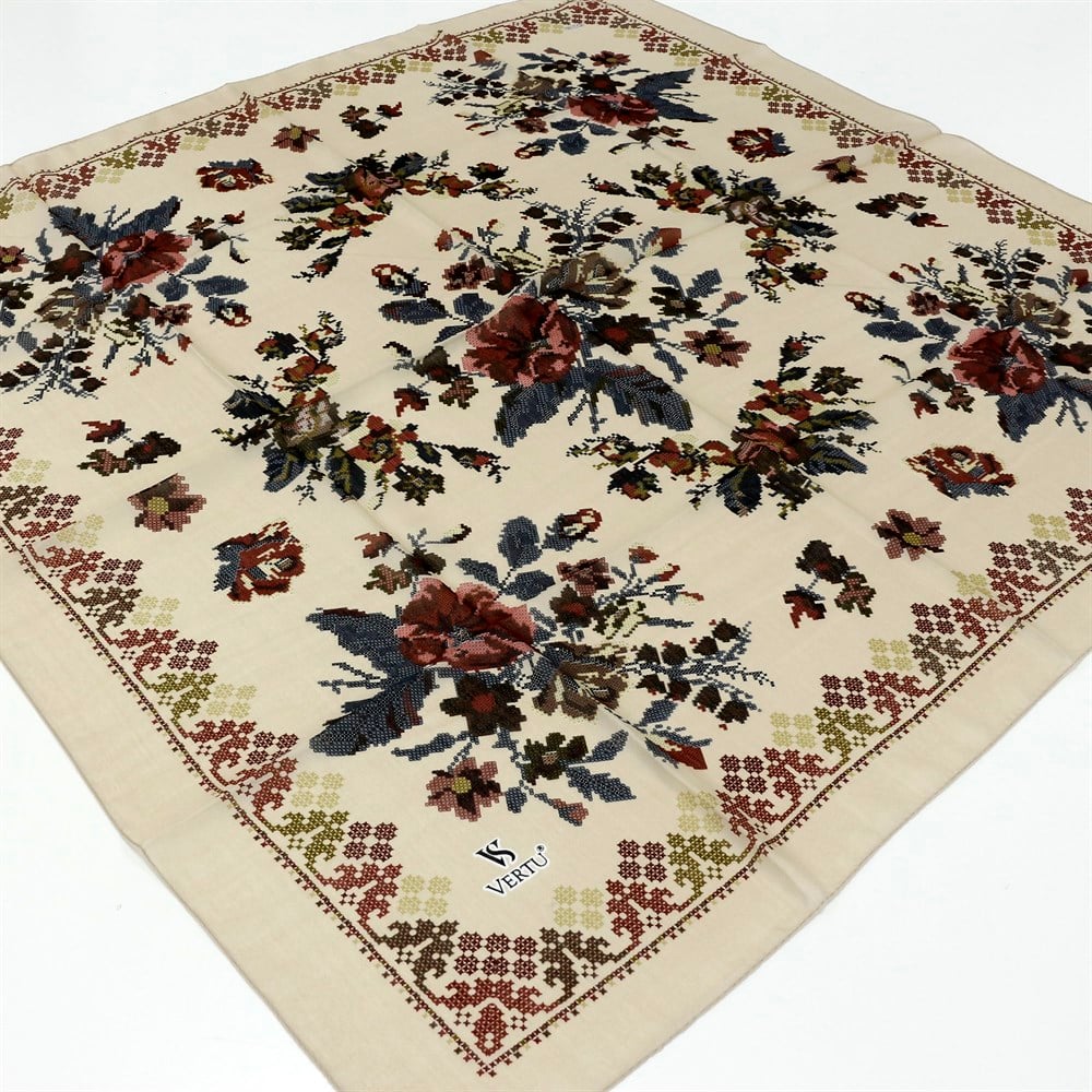 Vertu Kanaviçe Desenli Yazma - 01 Bej