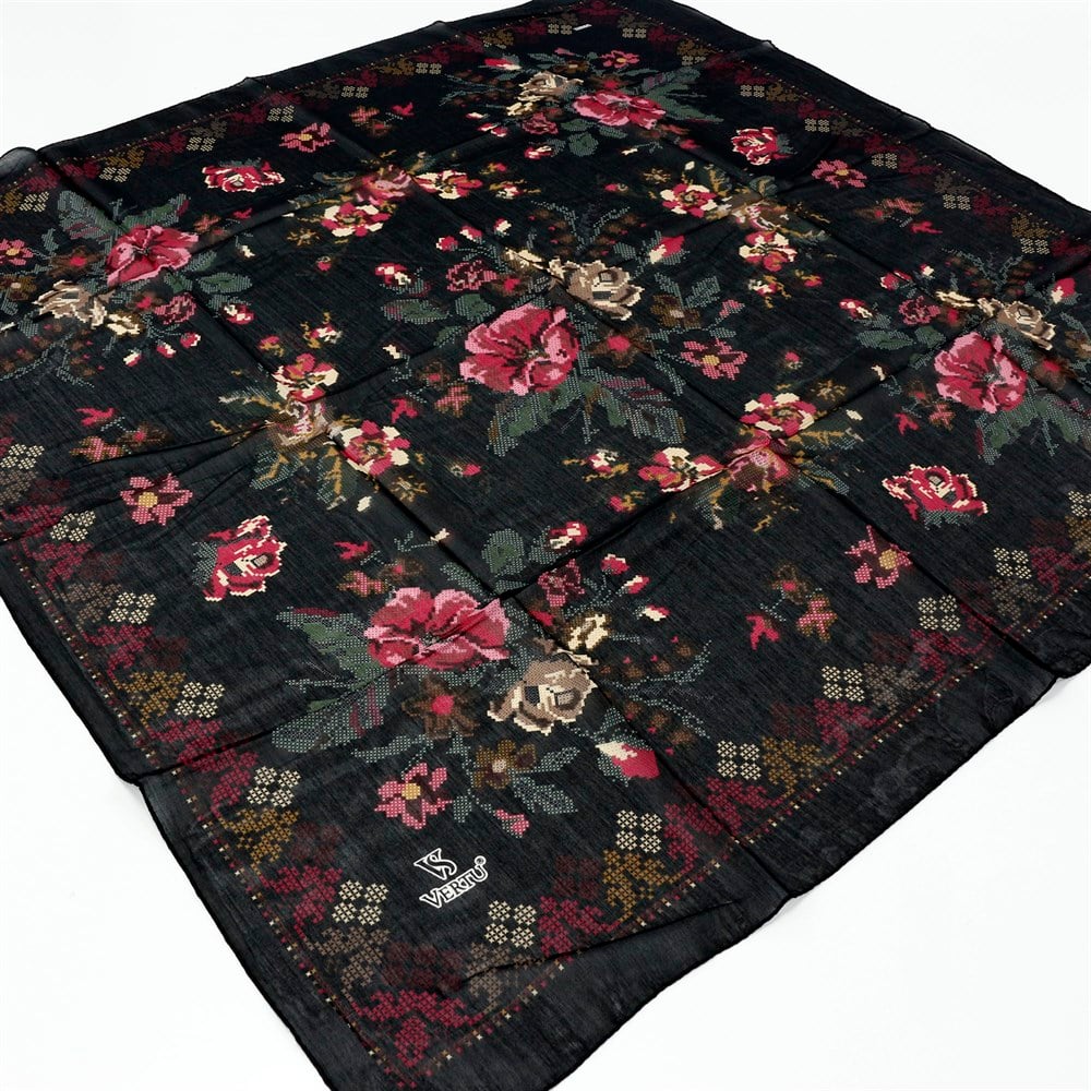 Vertu Kanaviçe Desenli Yazma - 02 Siyah