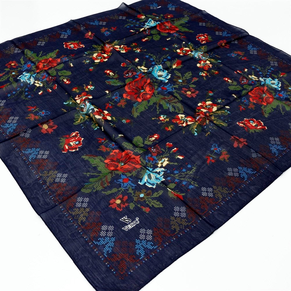 Vertu Kanaviçe Desenli Yazma - 03 Lacivert-Kırmızı