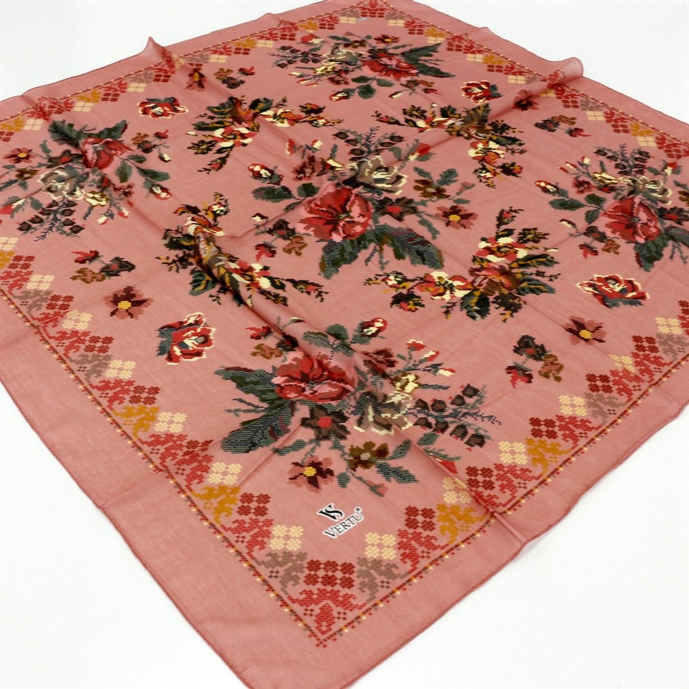 Vertu Kanaviçe Desenli Yazma - 04 Pembe