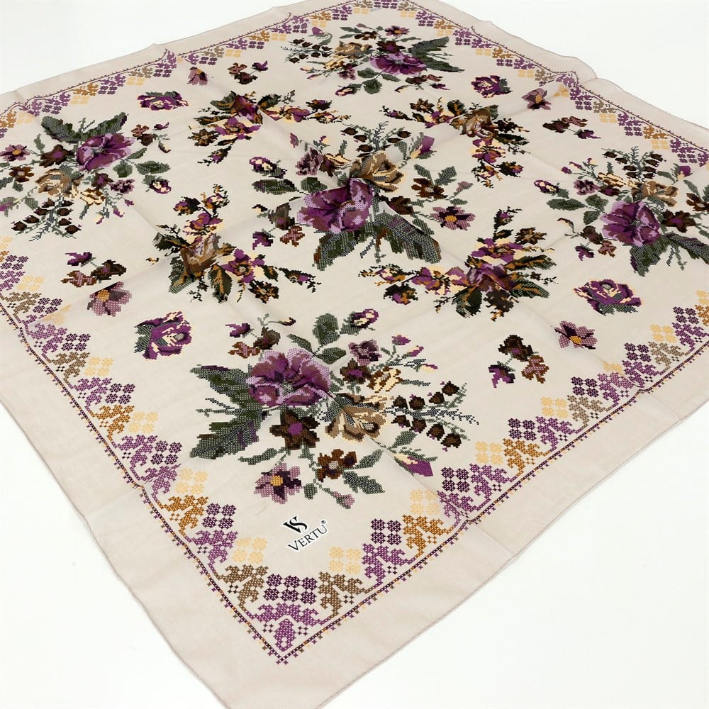 Vertu Kanaviçe Desenli Yazma - 08 Pudra