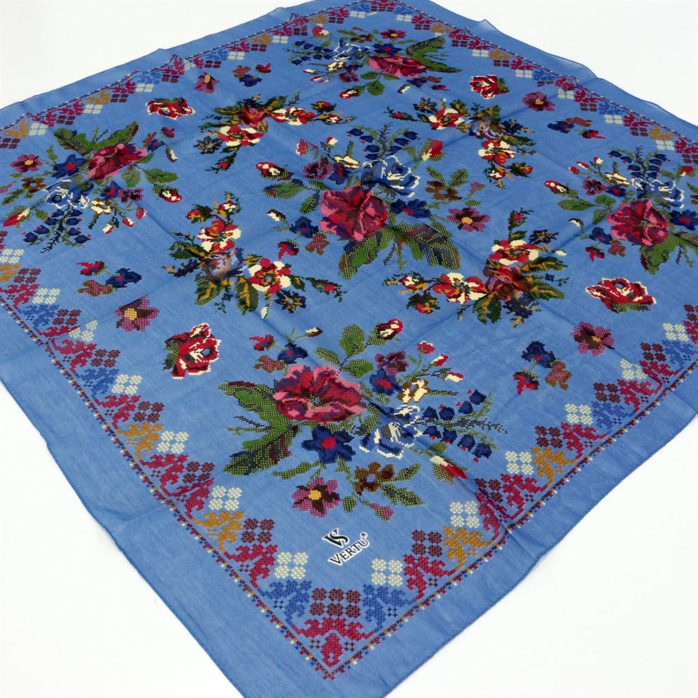 Vertu Kanaviçe Desenli Yazma - 11 Mavi