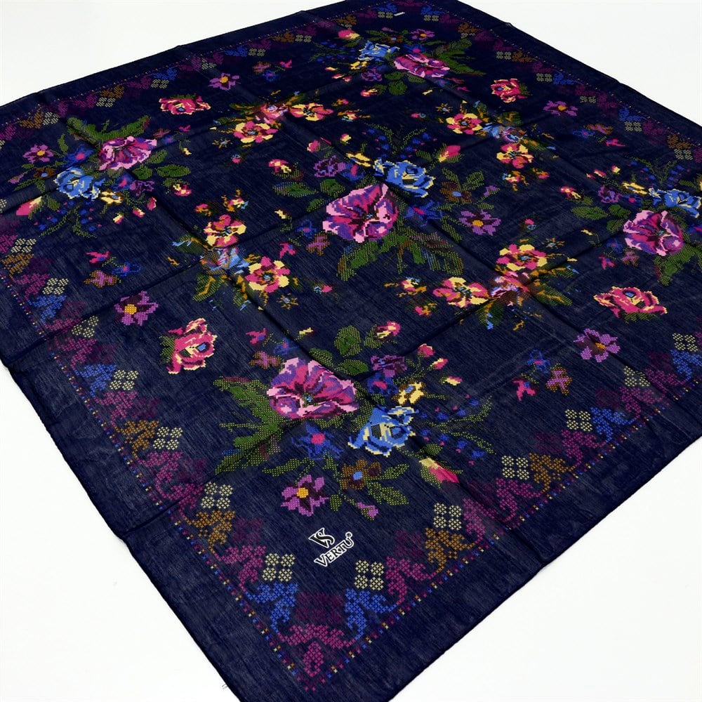 Vertu Kanaviçe Desenli Yazma - 17 Lacivert-Mor