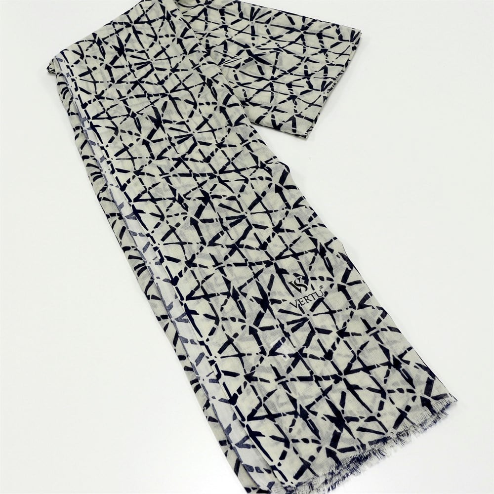 Vertu Karışık Çizgi Desen Baskılı Şal - 92 Ekru, Lacivert