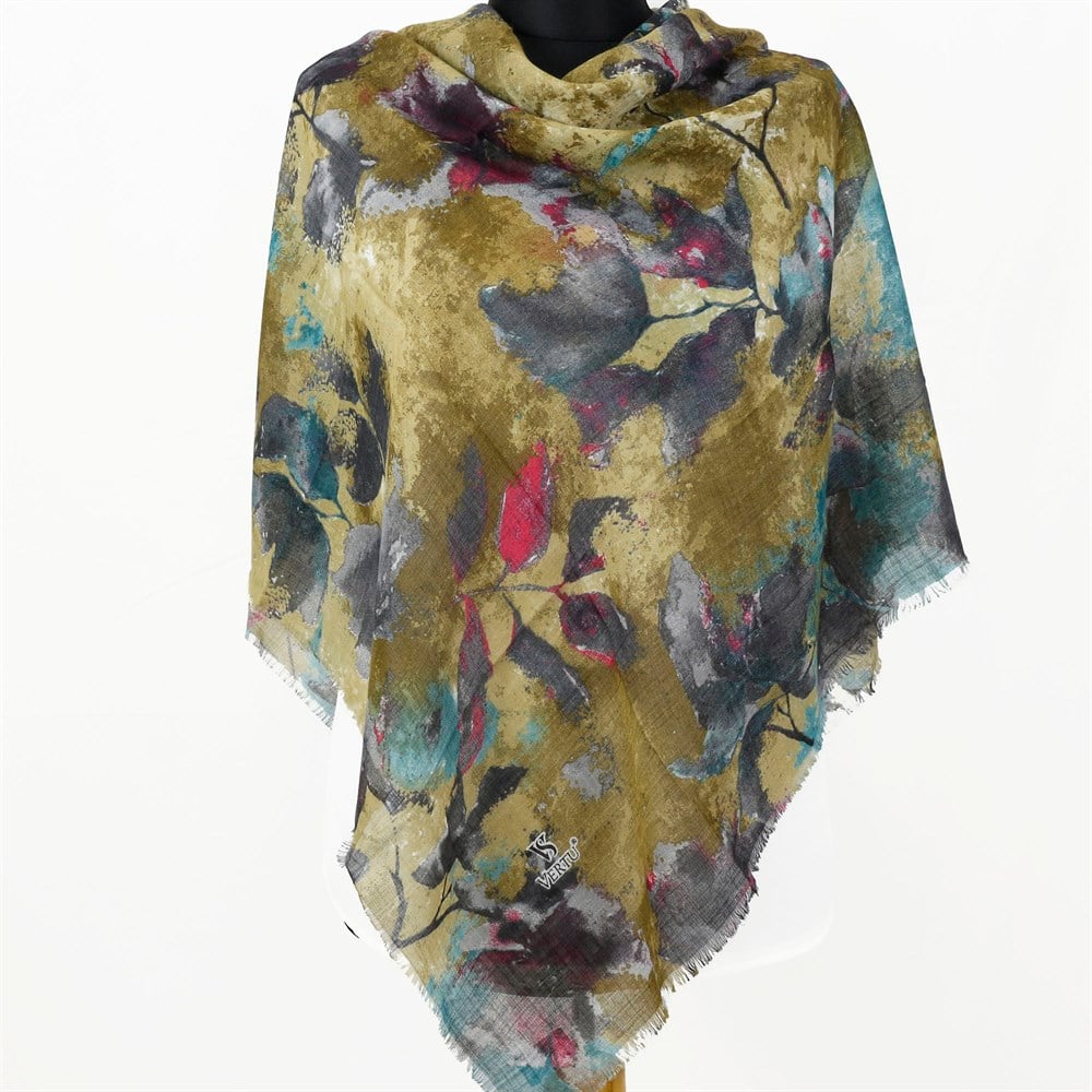 Vertu Yaprak Desen Flamlı Eşarp - 01 Zeytin Yeşili