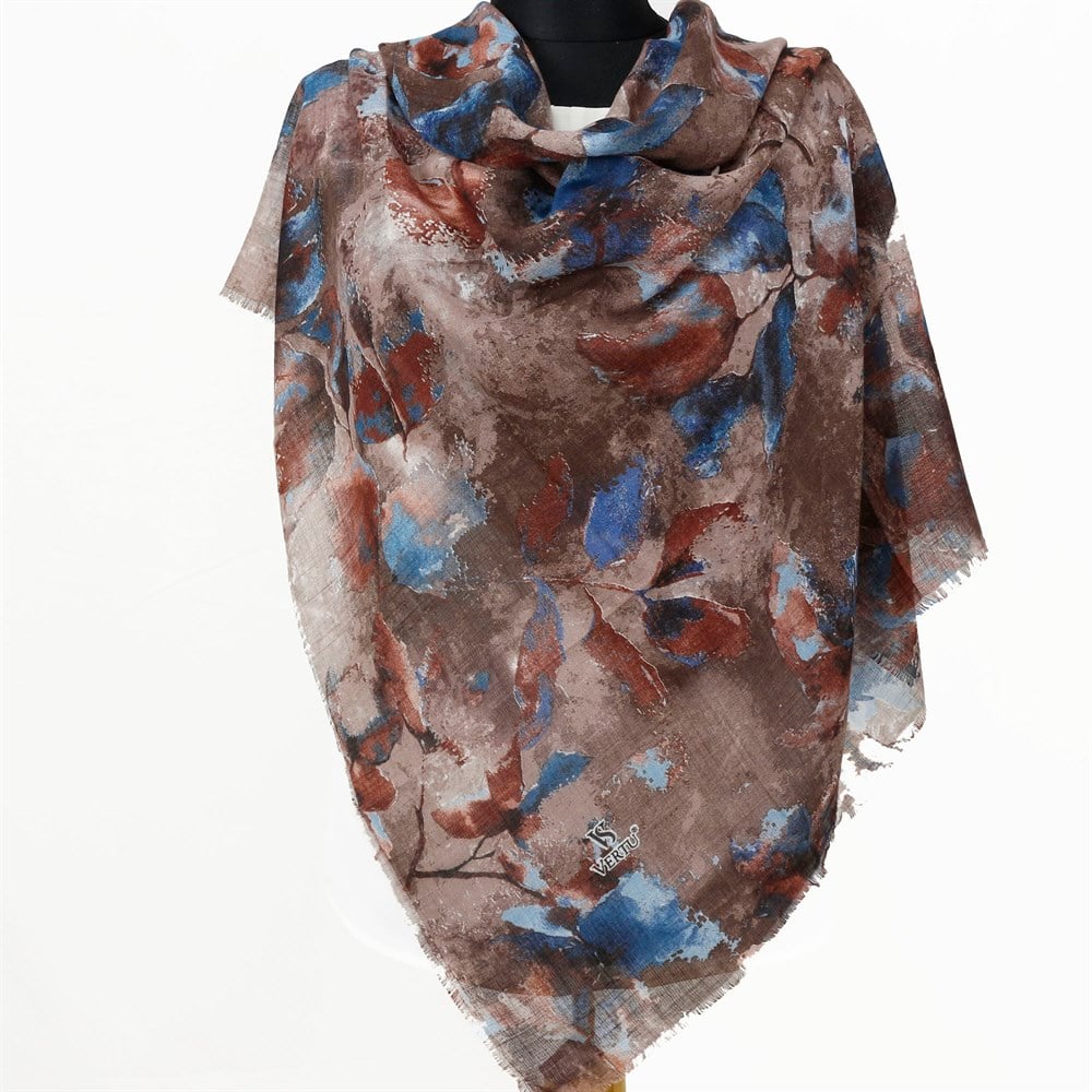 Vertu Yaprak Desen Flamlı Eşarp - 02 Kahverengi