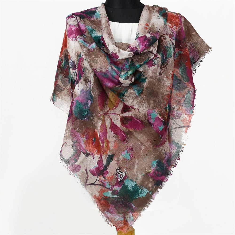 Vertu Yaprak Desen Flamlı Eşarp - 07 Kahverengi, Mor