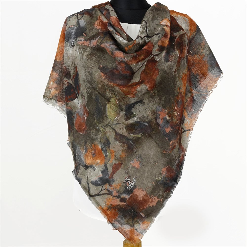 Vertu Yaprak Desen Flamlı Eşarp - 08 Kahve, Kiremit