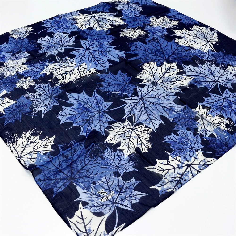 Vertu Yaprak Desenli Yazma - 03 Lacivert-Mavi