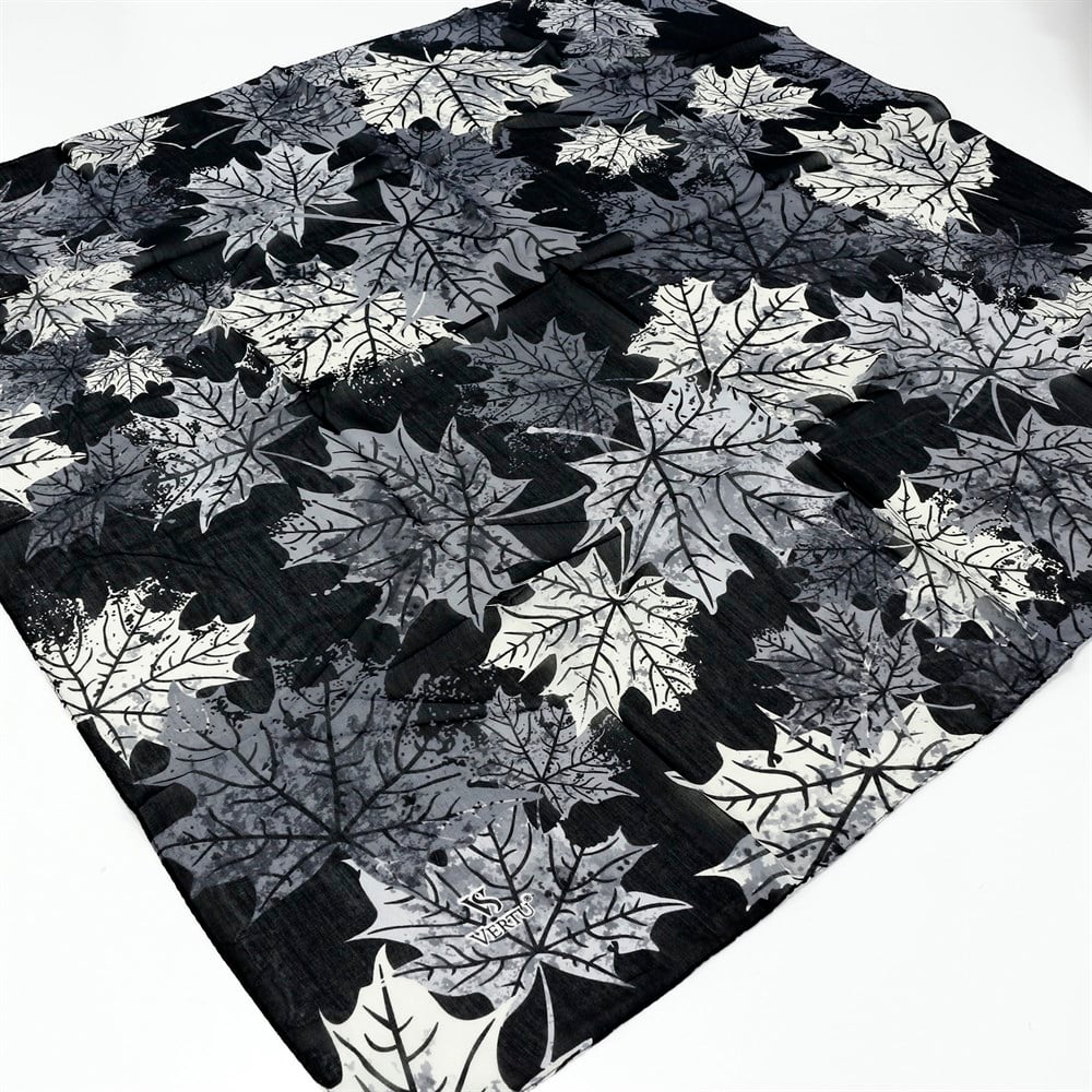 Vertu Yaprak Desenli Yazma - 06 Siyah-Gri