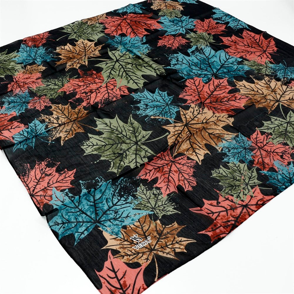 Vertu Yaprak Desenli Yazma - 09 Siyah