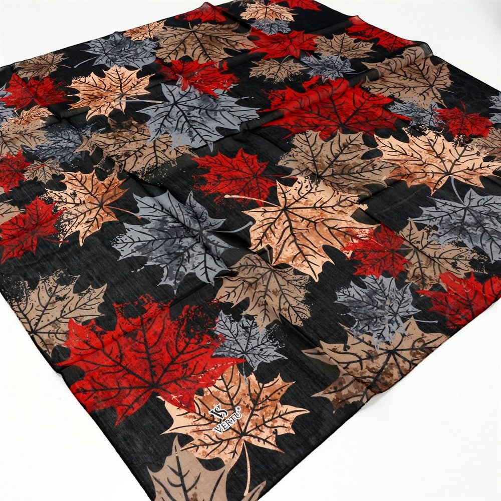 Vertu Yaprak Desenli Yazma - 11 Siyah-Kırmızı