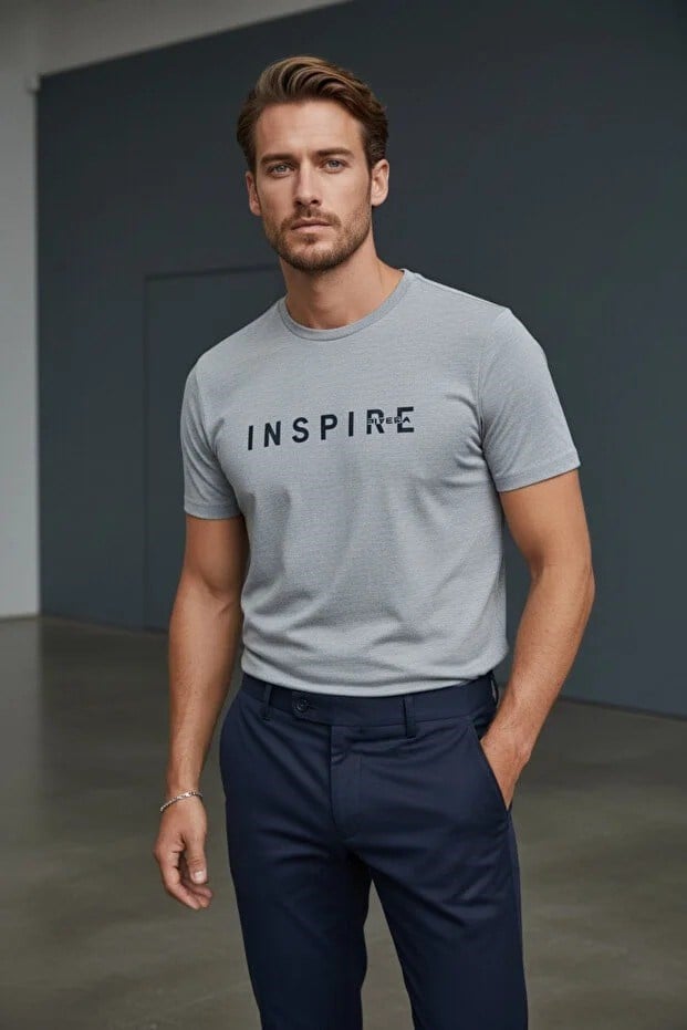 Erkek Mavi Inspire Baskılı Süprem Kumaş Tişört Slim Fit Pamuklu Yazlık Erkek T-Shirt Beyaz-181