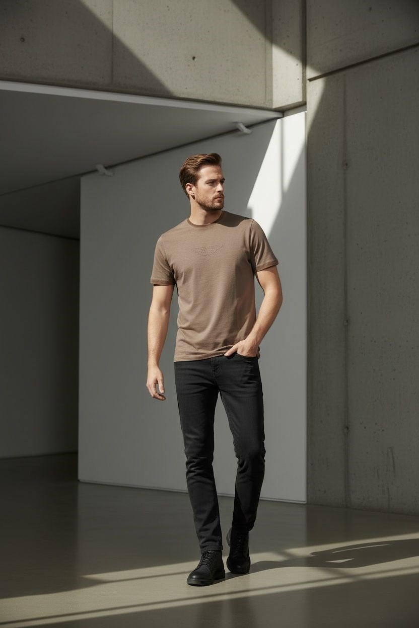 Erkek Baskılı Süprem Kumaş Basic Tişört Slim Fit Pamuklu Erkek T-Shirt Koyu Kahve-180