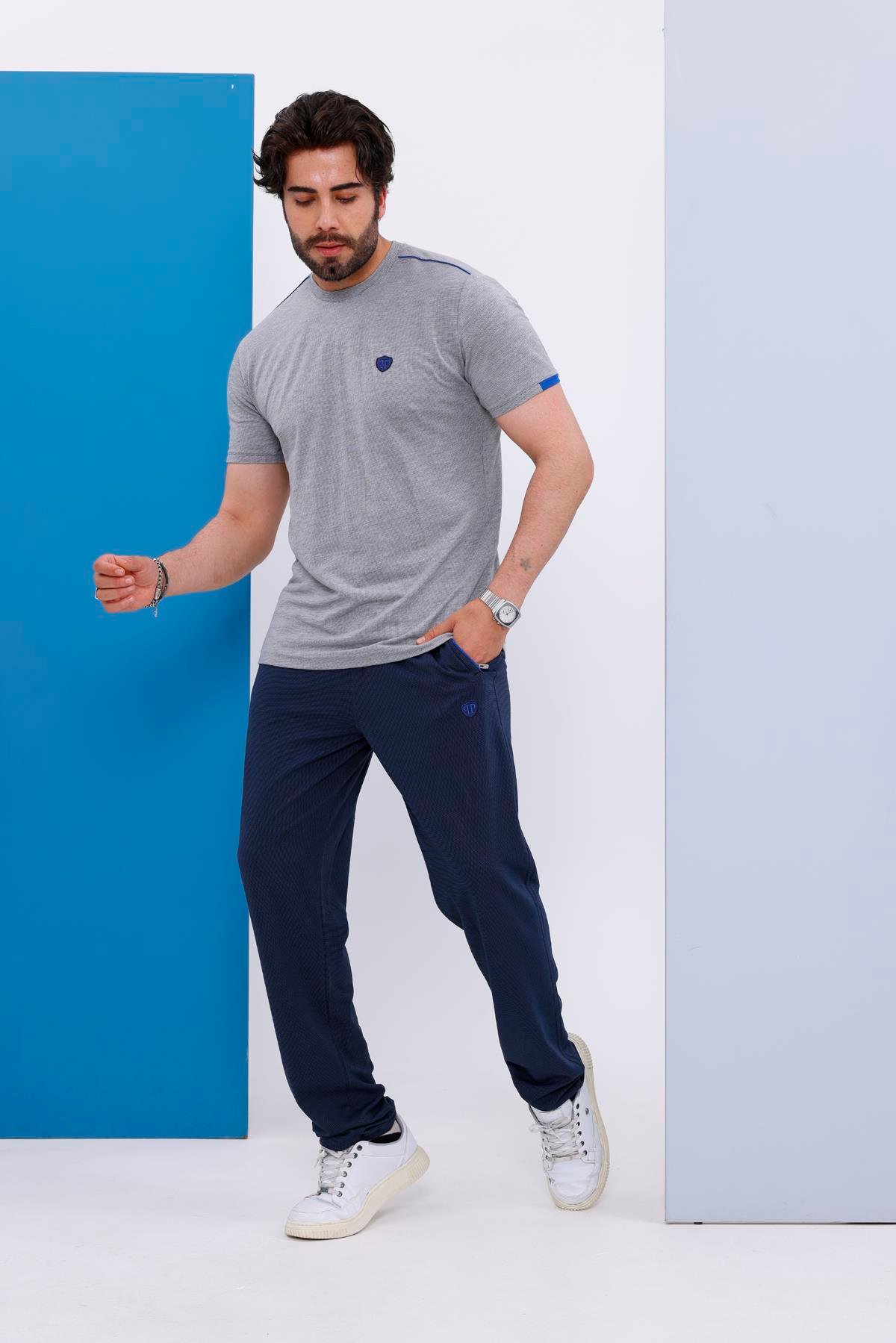 Erkek Battal Beden Açık Gri Bisiklet Yaka T-shirt Alt-üst Takımı - 130