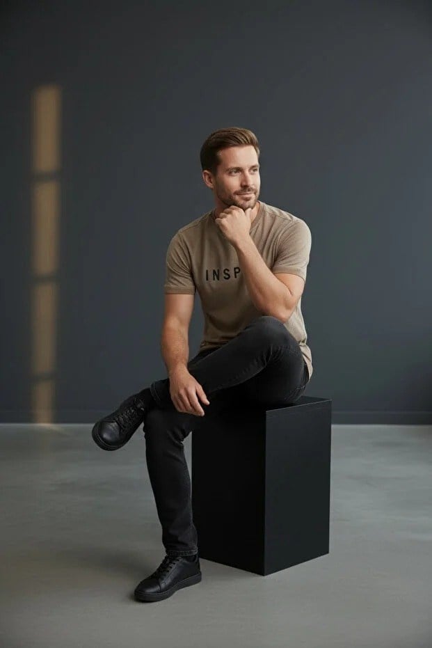 Erkek Mavi Inspire Baskılı Süprem Kumaş Tişört Slim Fit Pamuklu Yazlık Erkek T-Shirt Koyu Kahve-181