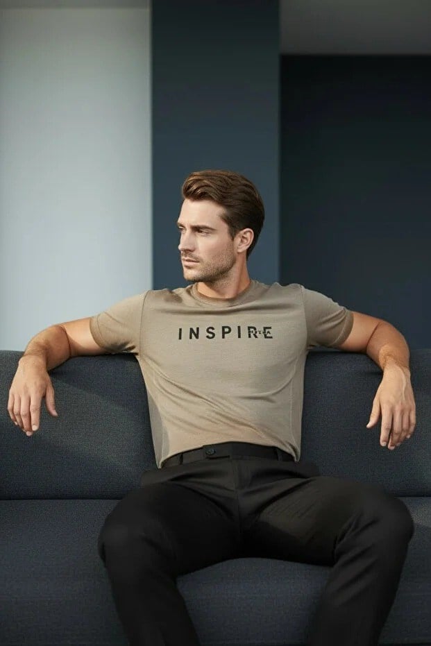 Erkek Mavi Inspire Baskılı Süprem Kumaş Tişört Slim Fit Pamuklu Yazlık Erkek T-Shirt Açık Kahve-181