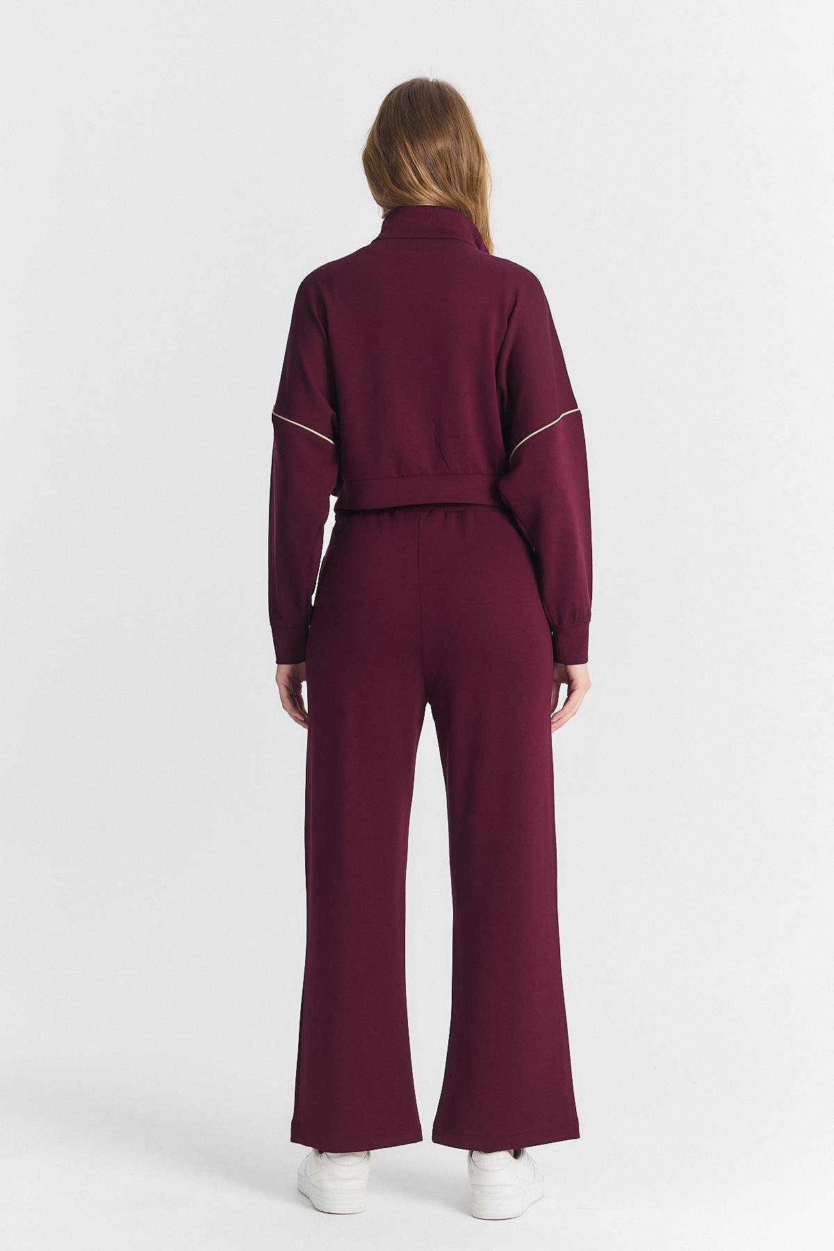 Kadın Oyysho Kumaş Düşük Kol Rahat Crop Fermuarlı Geniş Paça Bordo Eşofman Takımı - 7807