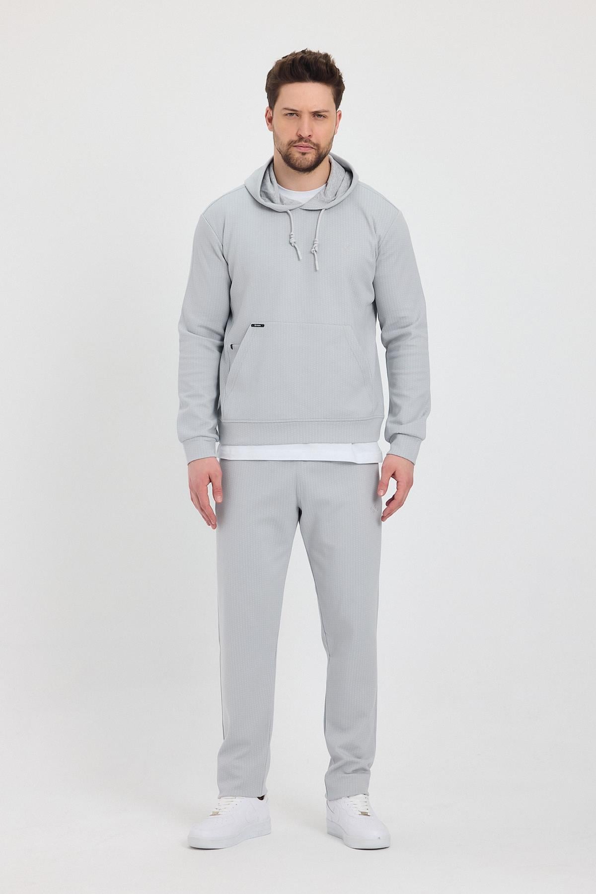 Erkek Gri Puantiyeli Kanguru Cepli Kapüşonlu Eşofman Takımı  - 7809