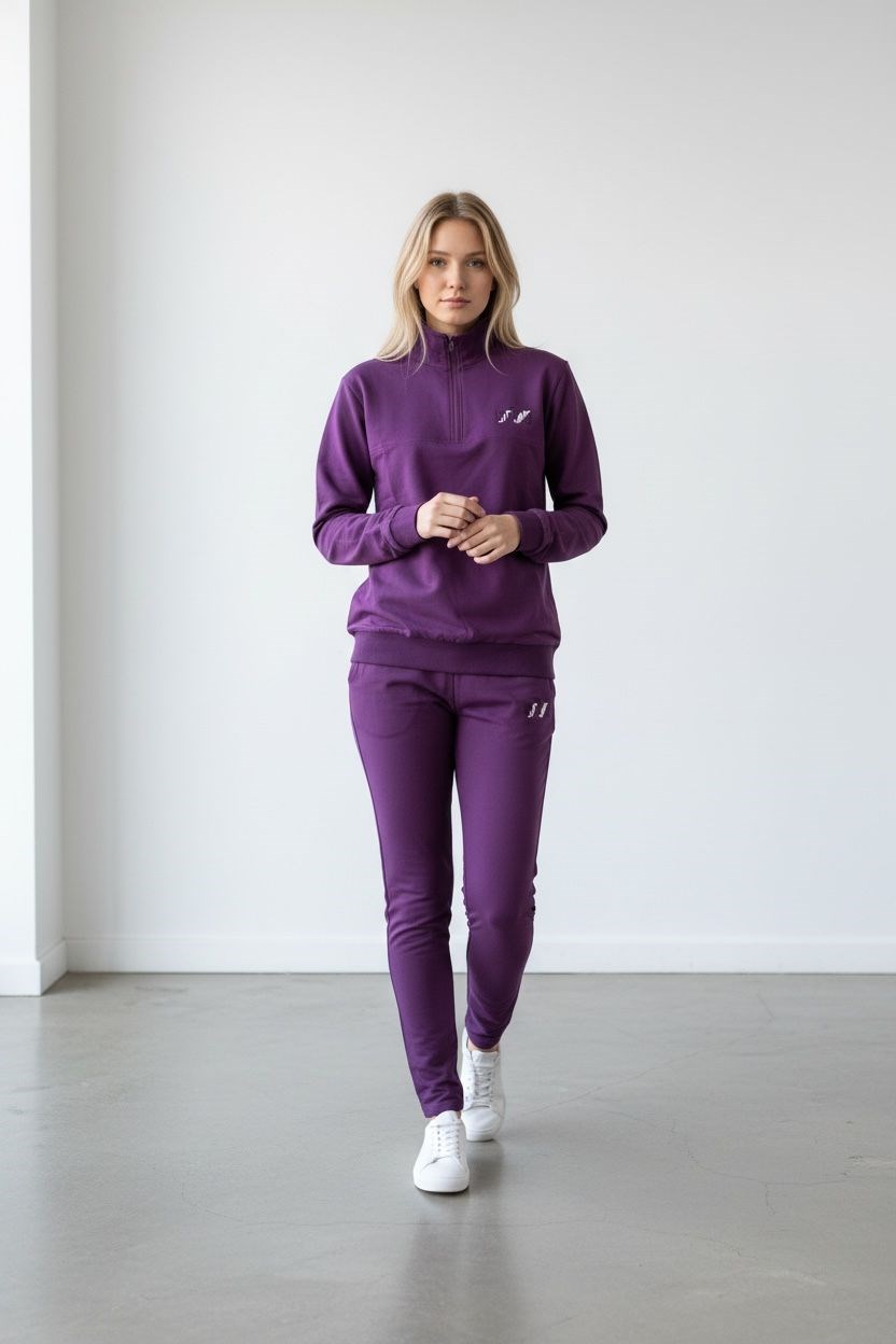 Kadın Mor İki İplik Dik Yaka Fermuarlı Eşofman Takımı - 76488