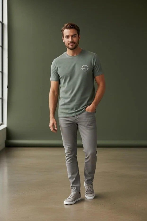 Erkek Basic Tişört Slim Fit Bisiklet Yaka Pamuklu Rahat Günlük T-Shirt Açık Haki-179